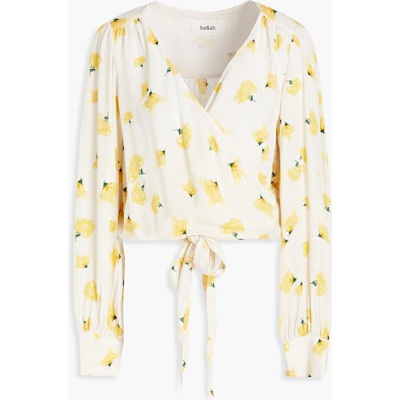 BA&SH Koxie Floral Print Crepe Wrap Top in Yellow size Small - Picture 3 of 12